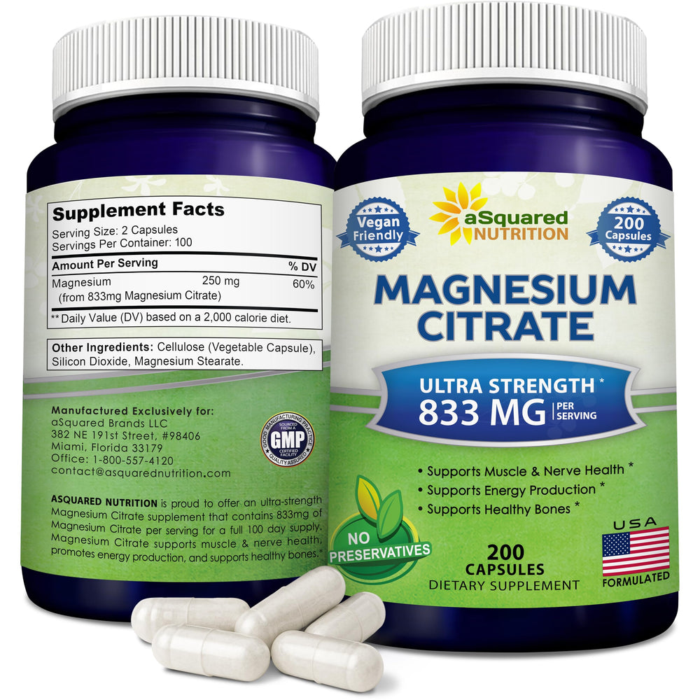 aSquared Nutrition Magnesium Citrate 833mg bottle supports energy and muscle function