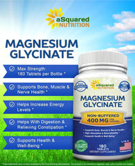 aSquared Nutrition magnesium glycinate 400mg label showing non-buffered formula and high absorption