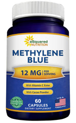 aSquared Nutrition Methylene Blue Capsules bottle label showing 12 mg dosage and USP branding