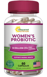 Asquared Nutrition Probiotics for Women bottle showing 50B CFU and gut health benefits.