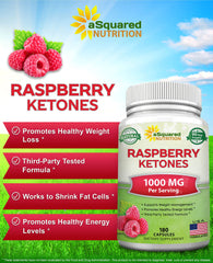 aSquared Nutrition Raspberry Ketones capsules close-up showing an 180-count bottle for a 3-month supply.