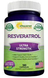 aSquared Nutrition resveratrol bottle front shows max strength formula for daily antioxidant support.