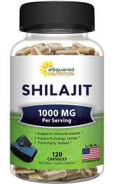 aSquared Nutrition Shilajit bottle front highlighting 1000 mg capsules for daily energy