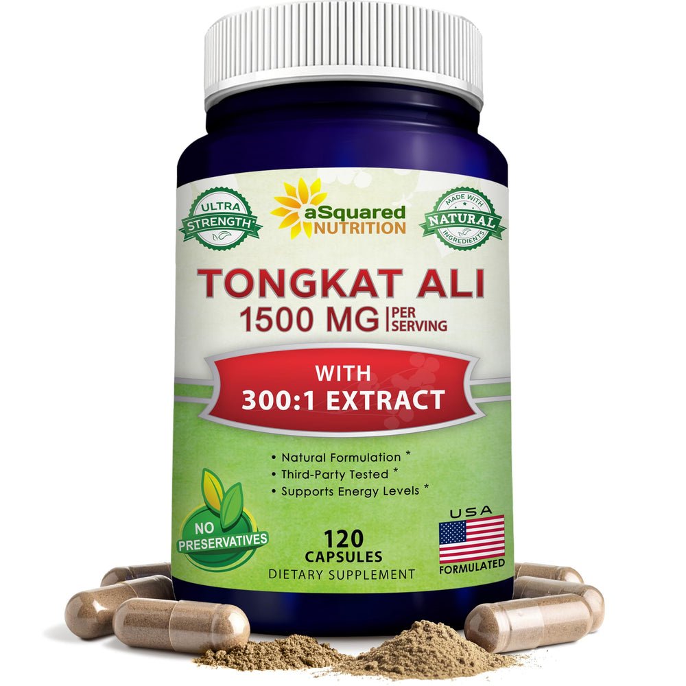 aSquared Nutrition Tongkat Ali 1500mg bottle highlights energy support.