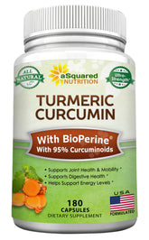 aSquared Nutrition Turmeric Curcumin bottle showing a high-potency formula for daily joint support