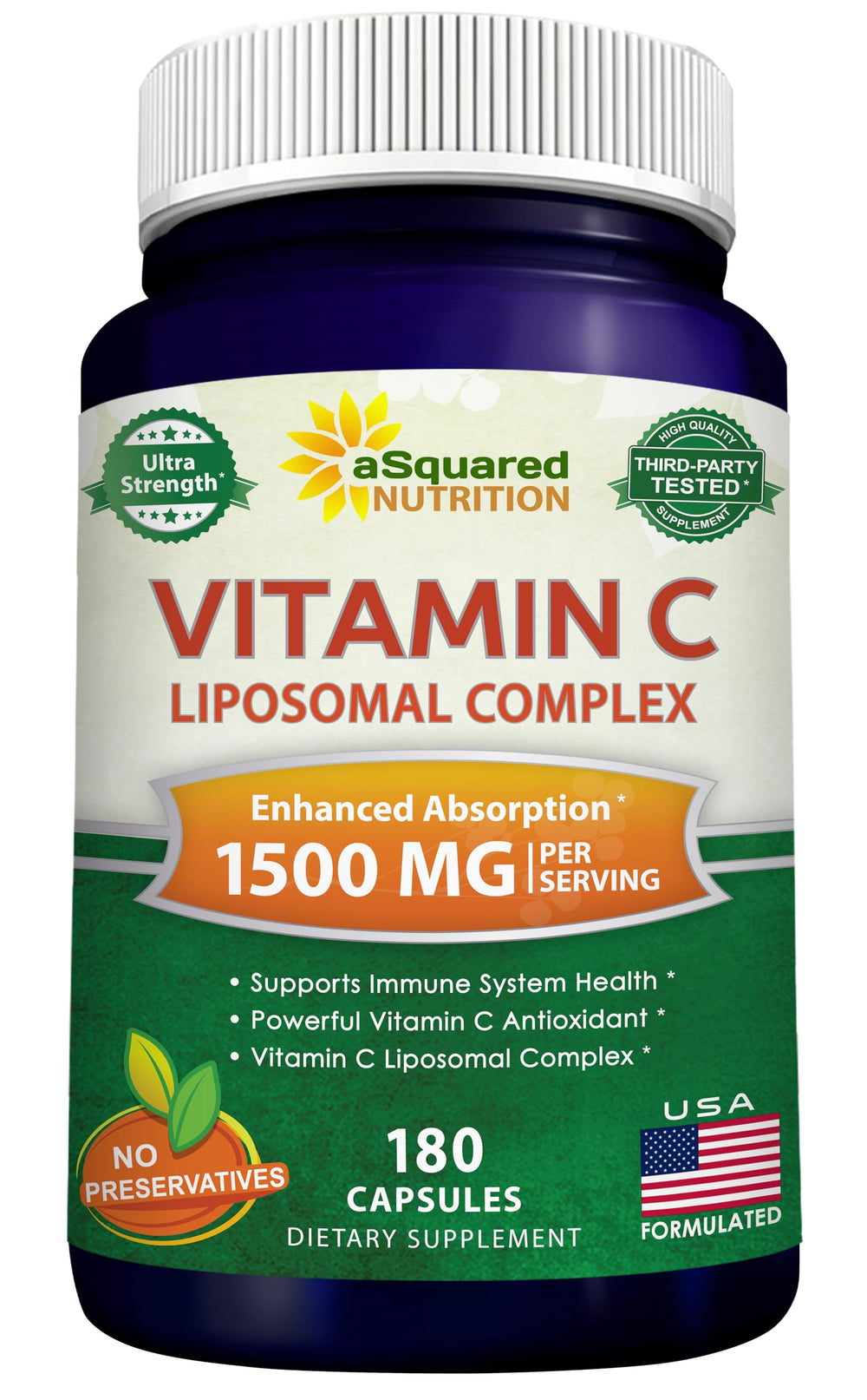 aSquared Nutrition Vitamin C Liposomal bottle with high strength absorption benefits.