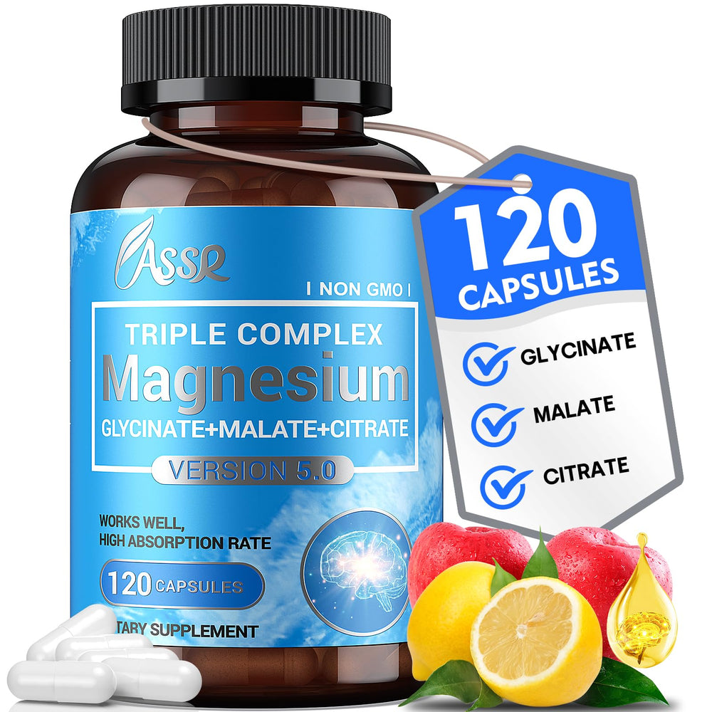ASSR Triple Magnesium bottle cap close-up, smooth capsules for daily relaxation support.