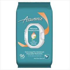 Assurance pre-moistened extra-large washcloths in two-pack with convenient lid.