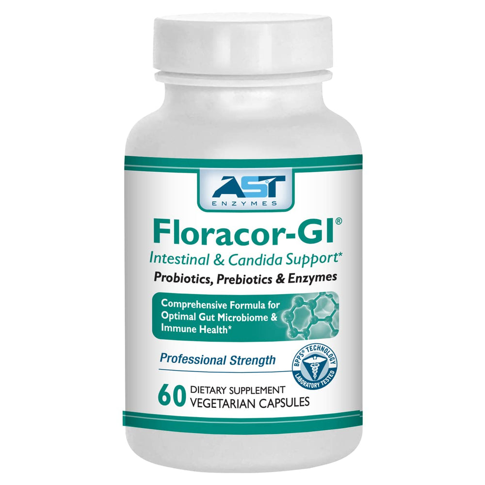 AST Enzymes Floracor bottle pour showing easy daily probiotic use for gut support.
