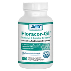 Floracor-GI bottle with capsules for daily digestive support.