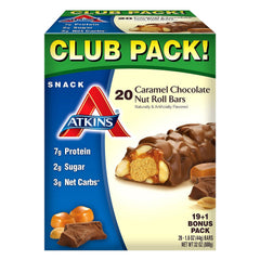 Atkins Caramel Chocolate Nut Roll bar wrapped, convenient Keto snack for on-the-go energy.