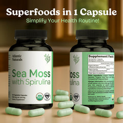 Atlantic Naturals Sea Moss with Spirulina capsules label highlights mineral-rich nutrients