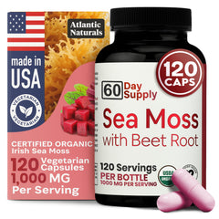Atlantic Naturals Sea Moss with Beet Root bottle promotes daily wellness.