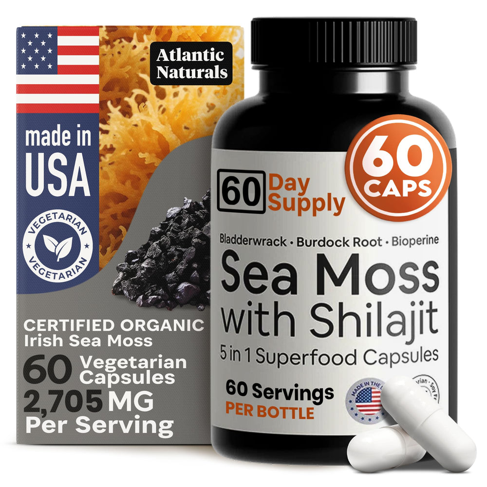 Atlantic Naturals Sea Moss and Shilajit capsules bottle for daily wellness support.