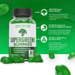 Atlantis Nutrition Supergreens Gummies broccoli-shaped chews highlight easy daily support.