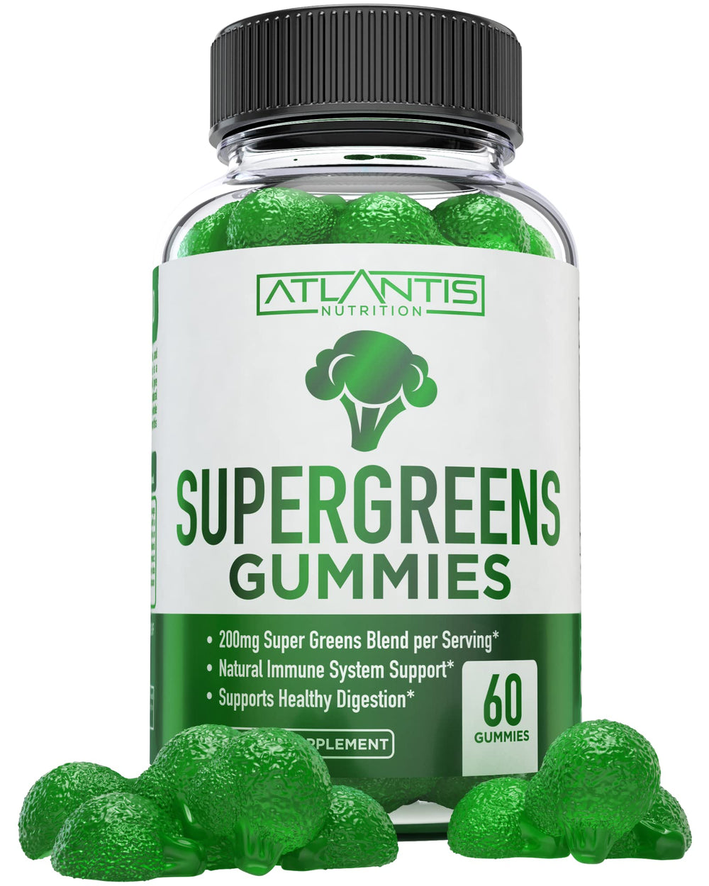 Atlantis Nutrition Supergreens Gummies raspberry bottle for daily greens on demand.