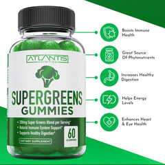 Atlantis Nutrition Supergreens Gummies closeup shows raspberry flavor ready to enjoy.