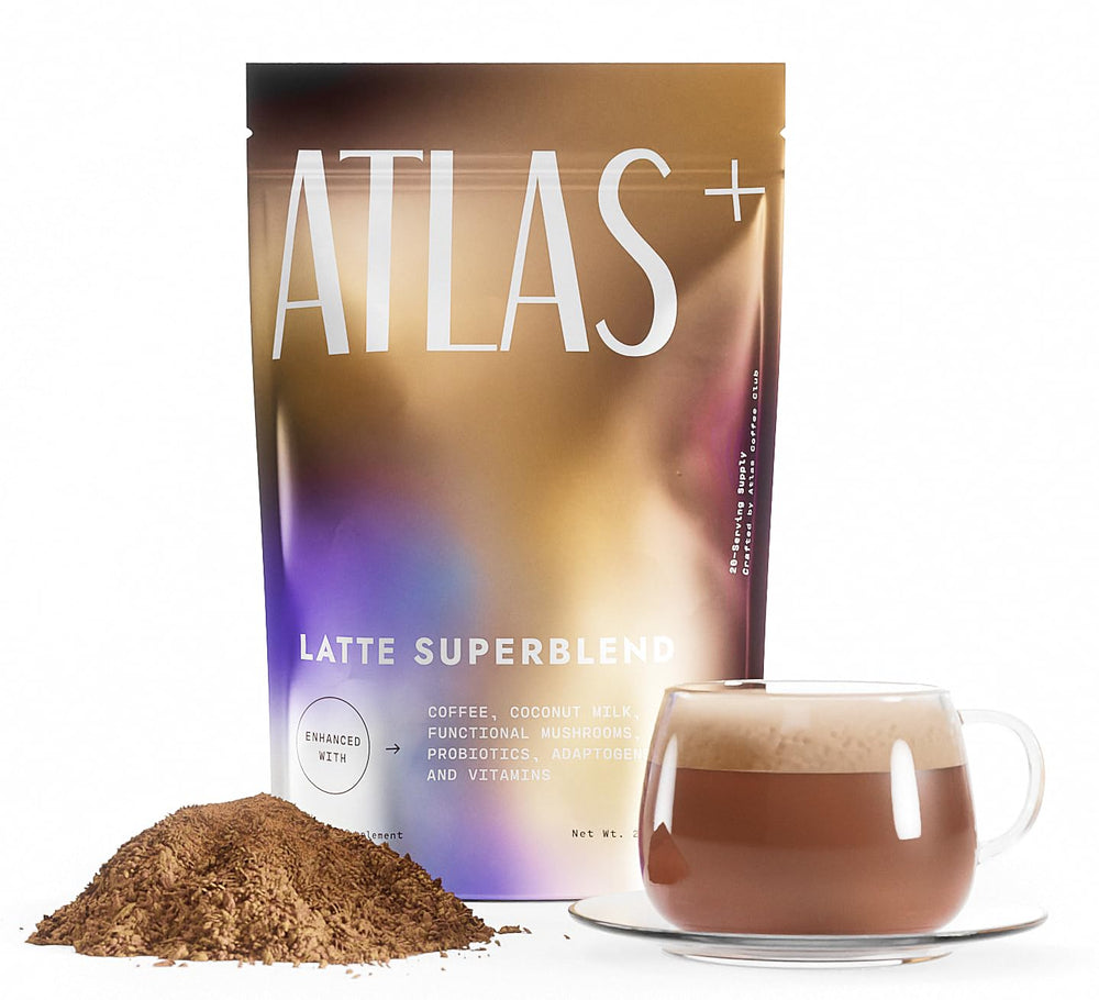 Atlas Coffee Club Latte Superblend pack shot highlighting premium ingredients