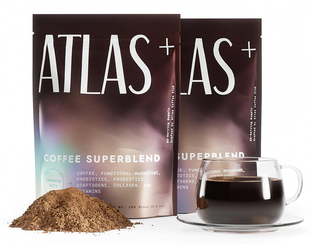 Atlas+ Superblend bag packaging hints at a premium mushroom coffee blend for mornings.