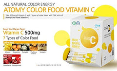 ATOMY Colorfood Vitamin C powder being poured into glass for easy beverage addition.