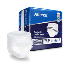 Attends bariatric underwear packaging shows discreet, ready-to-use overnight design