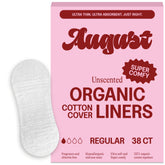 August Organic Panty Liners 38 daily with soft, absorbent protection for everyday wear.