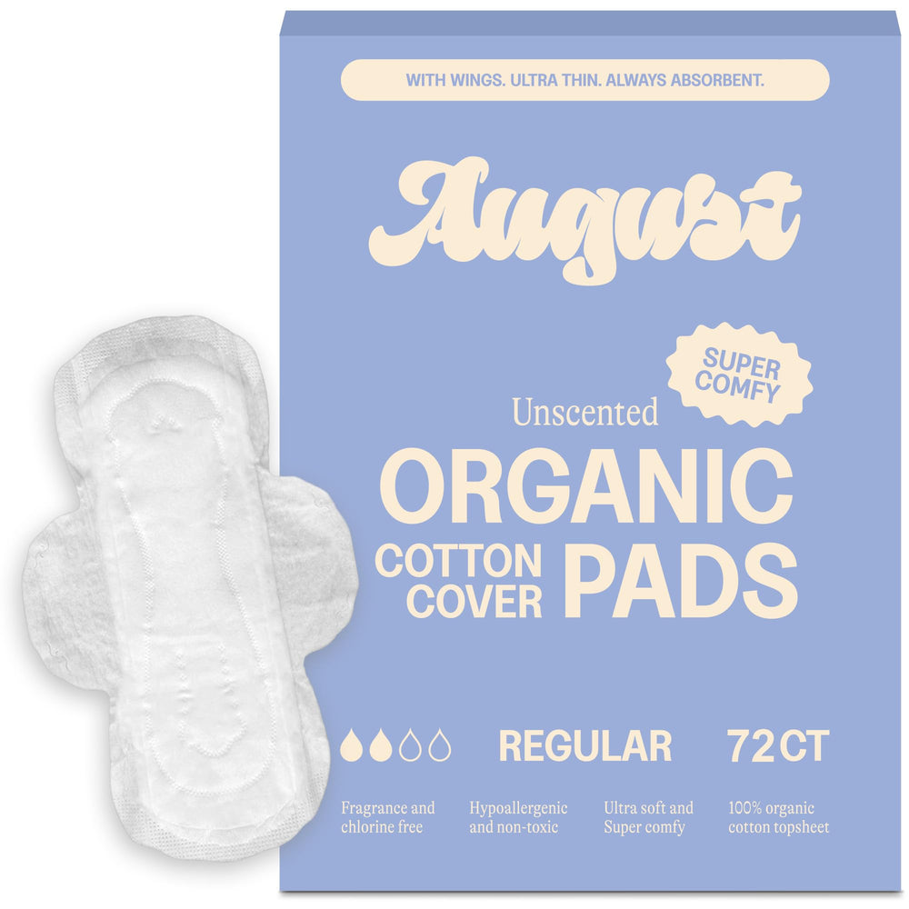 August Regular Cotton Pads pack front showing 72-count box for reliable daily protection