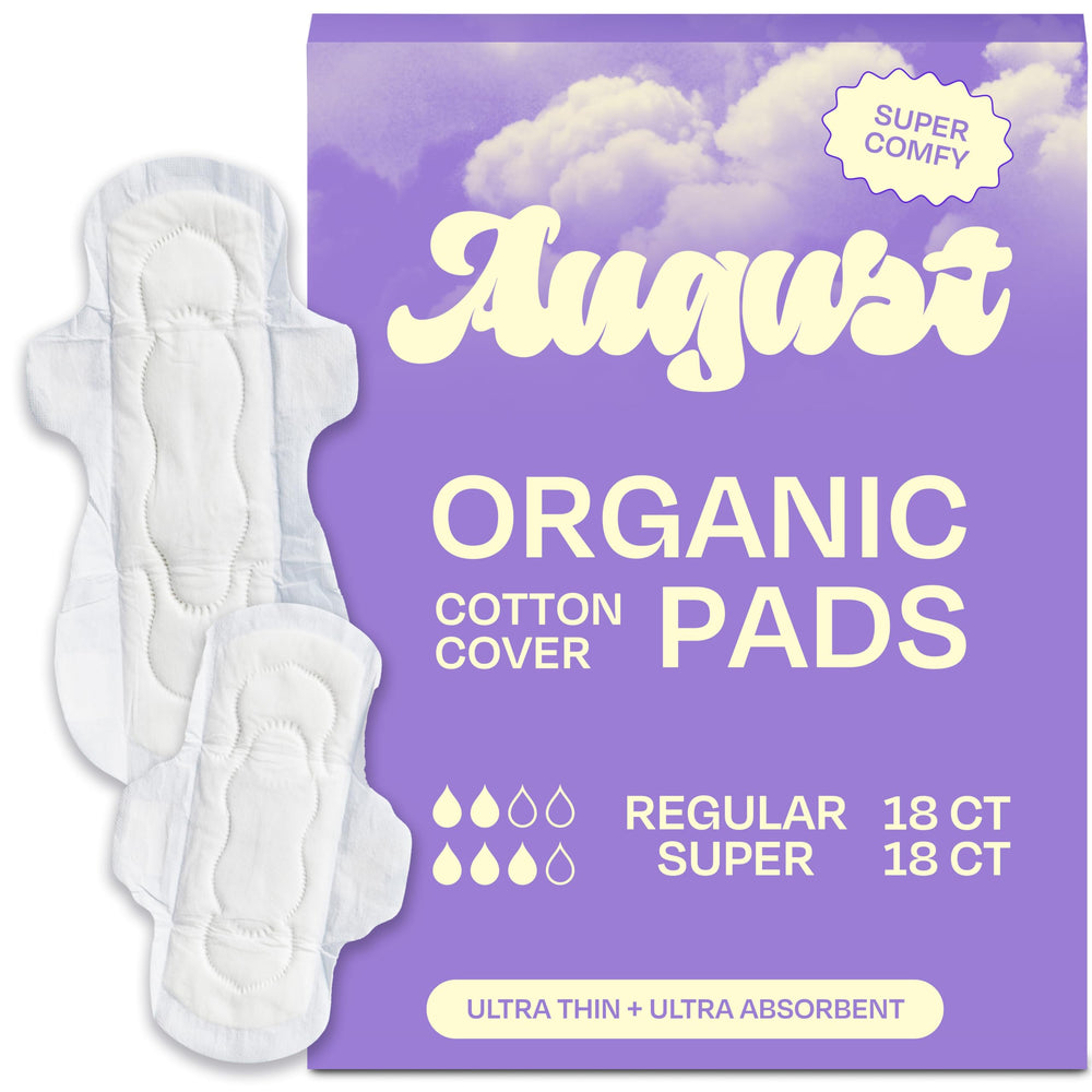 August Regular & Super pads pack front showing day and night protection with wings