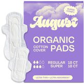August Regular & Super pads pack front showing day and night protection with wings