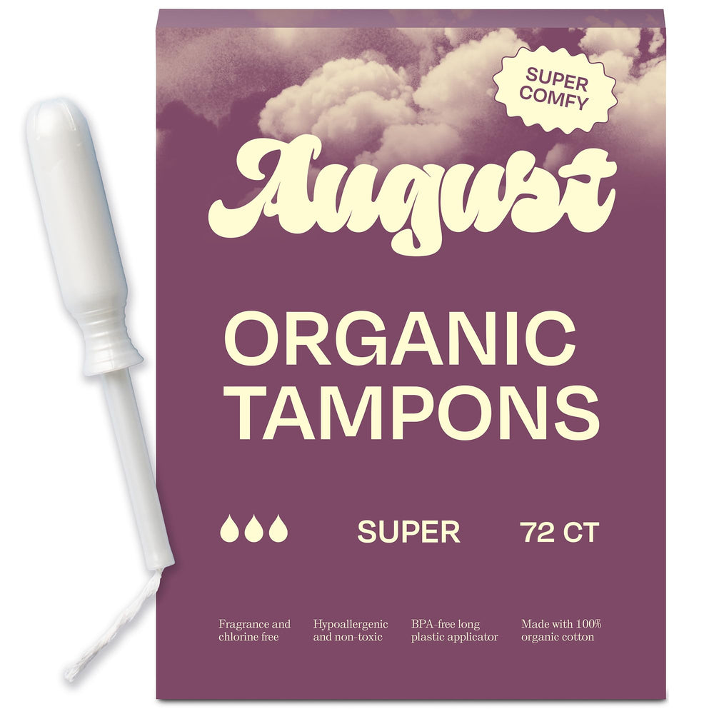 August super tampons 72-pack packaging shows a convenient box for on-the-go protection.
