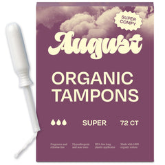 August super tampons 72-pack packaging shows a convenient box for on-the-go protection.
