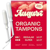 August tampons 24-pack packaging shows a compact, eco-friendly box for easy storage.