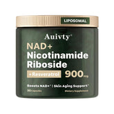 Auivty NAD+ NR with Resveratrol bottle pour highlights liposomal energy support