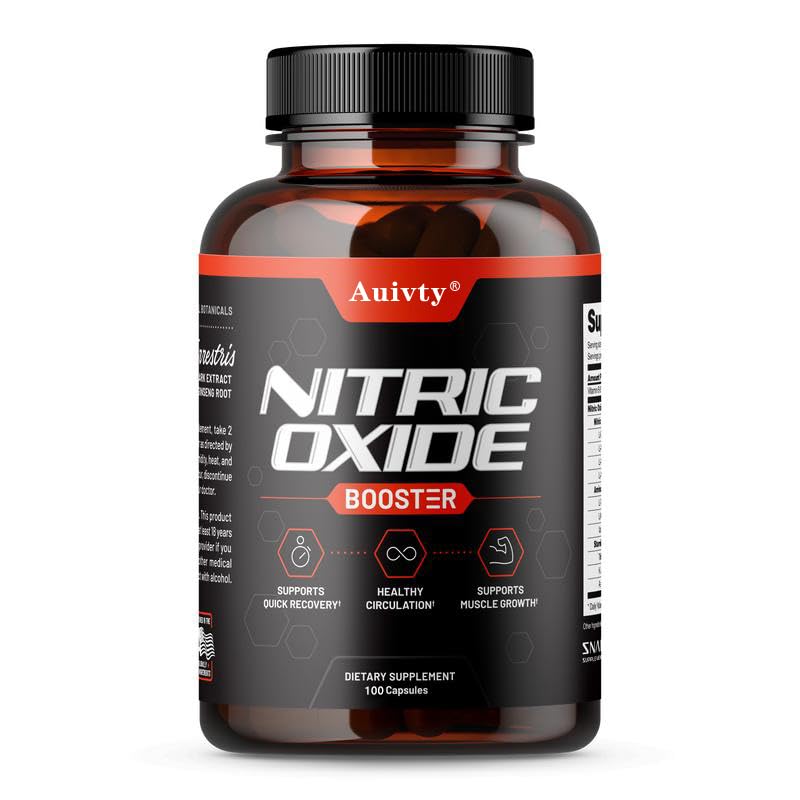 Auivty Nitric Oxide Booster bottle with vegan capsules for daily energy support.