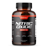 Auivty Nitric Oxide Booster bottle with vegan capsules for daily energy support.