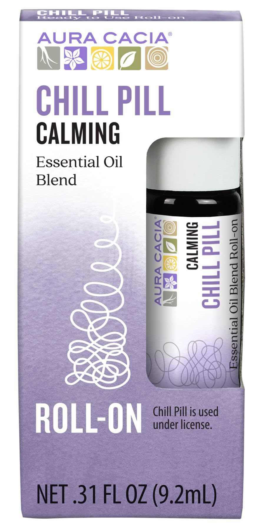 Aura Cacia Chill Pill Roll-On portable bottle for on-the-go calm and balance.