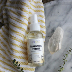 Aura Cacia Frankincense and Myrrh Mist application for calming aroma and quick refresh.