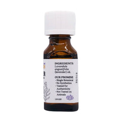 Aura Cacia lavender oil label, signaling 100% pure Lavandula angustifolia