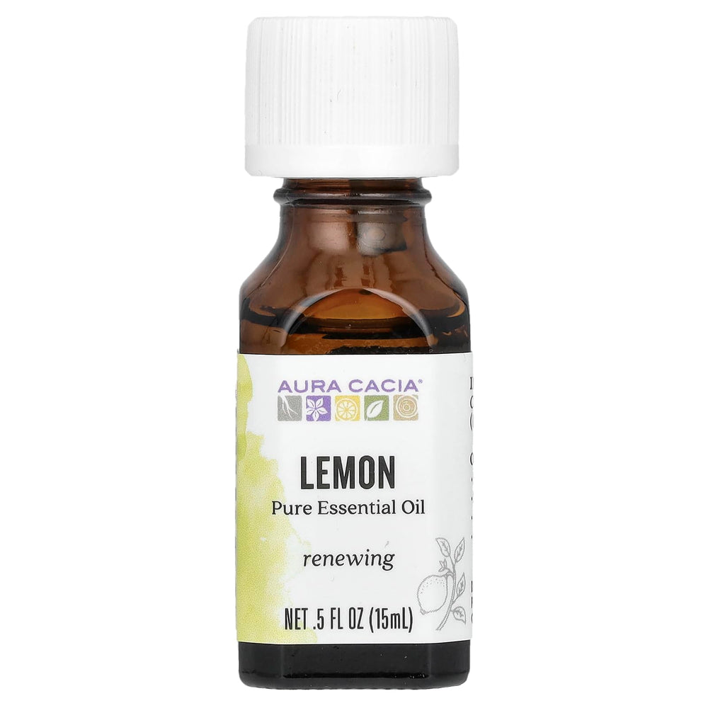 Aura Cacia lemon essential oil bottle close-up for bright, uplifting diffusions.