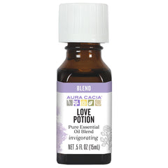 Aura Cacia Love Potion bottle front view highlights the romantic aroma blend