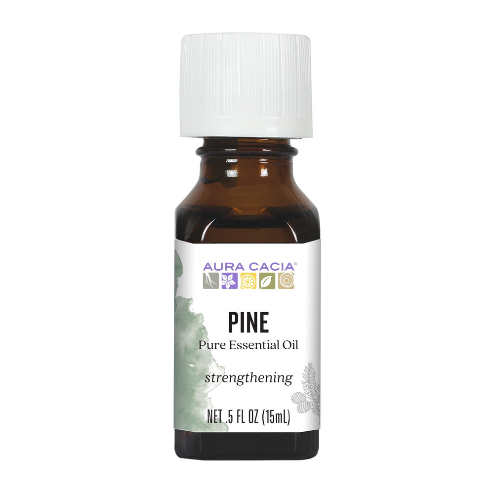 Aura Cacia Pine essential oil bottle with pure pine aroma for home diffusers.