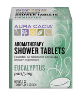 Aura Cacia Purifying Eucalyptus Shower Tablet packaging showing three individually wrapped units