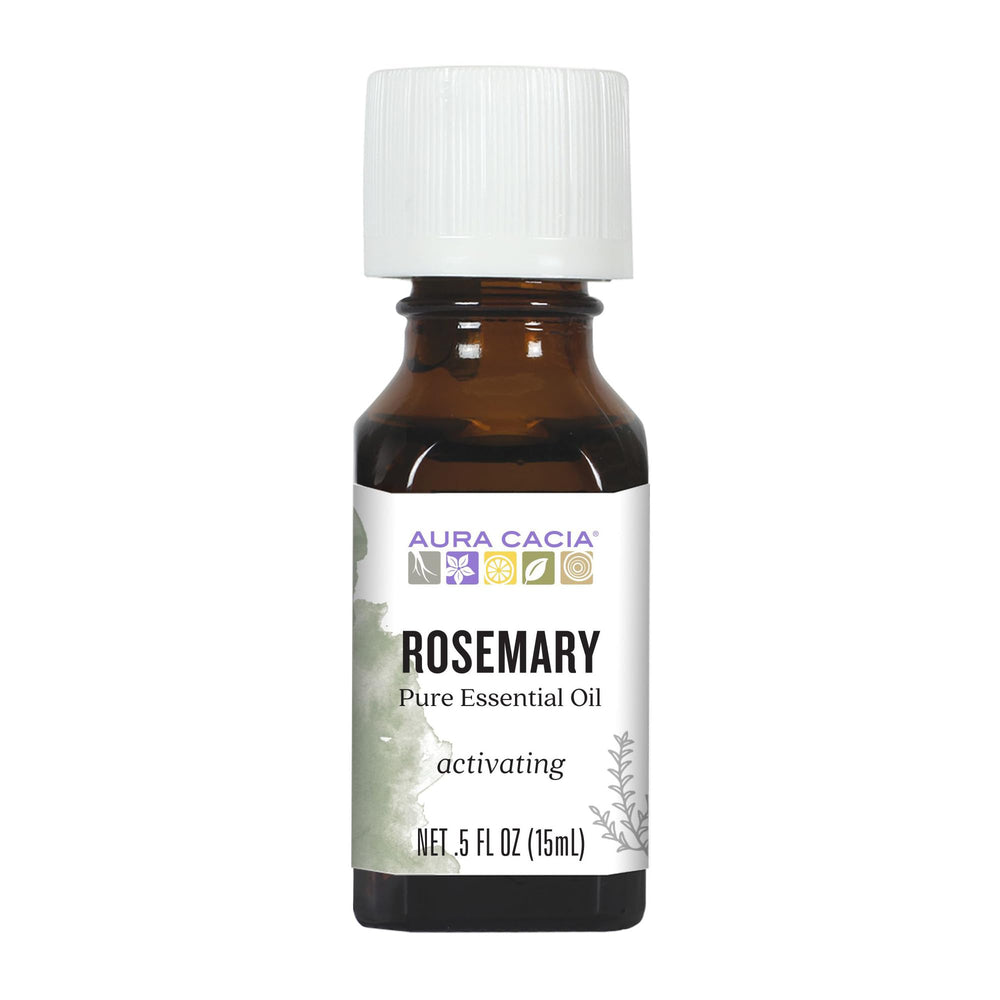 Aura Cacia Rosemary Essential Oil bottle pour highlighting purity and aroma for calm routines.