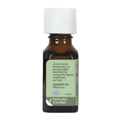 Aura Cacia Rosemary Essential Oil label closeup emphasizing authenticity and quality.