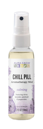 Aura Cacia Chill Pill Mist lavender bottle for calming aromatherapy on the go.
