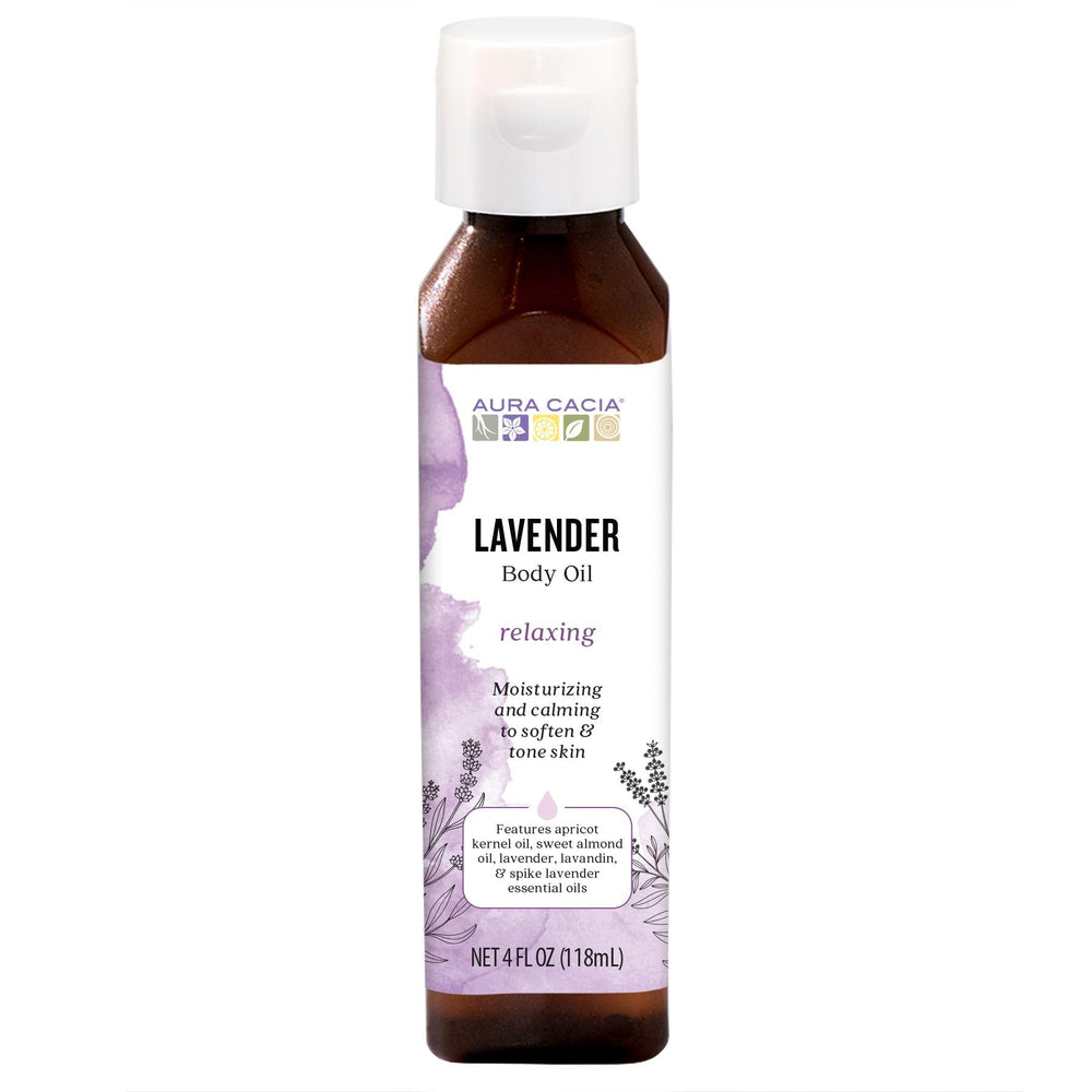Aura Cacia Relaxing Lavender bottle with lavender sprigs for calming massage experience.