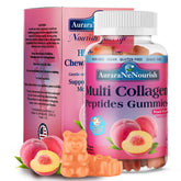 AuraraNeNourish multi collagen gummies peach front view for skin and joints.