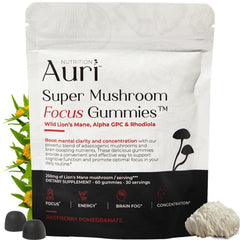 Auri Focus Gummies bottle closeup showing Lion's Mane for clearer focus.