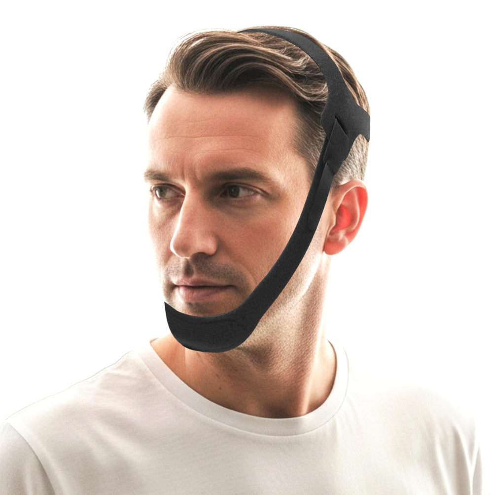 Auxhil chin strap closeup shows soft neoprene for comfortable, itch-free wear.