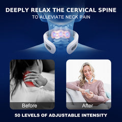 Auxoliev neck massager heat mode display illustrating soothing warmth for stiffness.